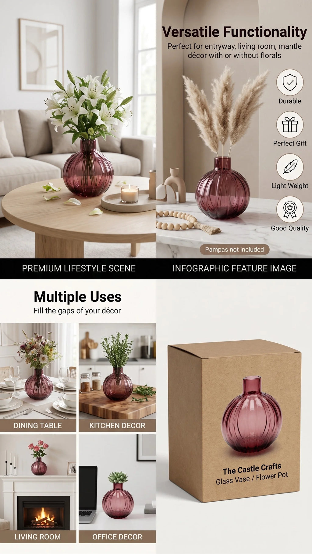 Pumpkin Globe Ribbed Glass Vase — Hand-Blown Glass from Firozabad, India — Light & Shadow