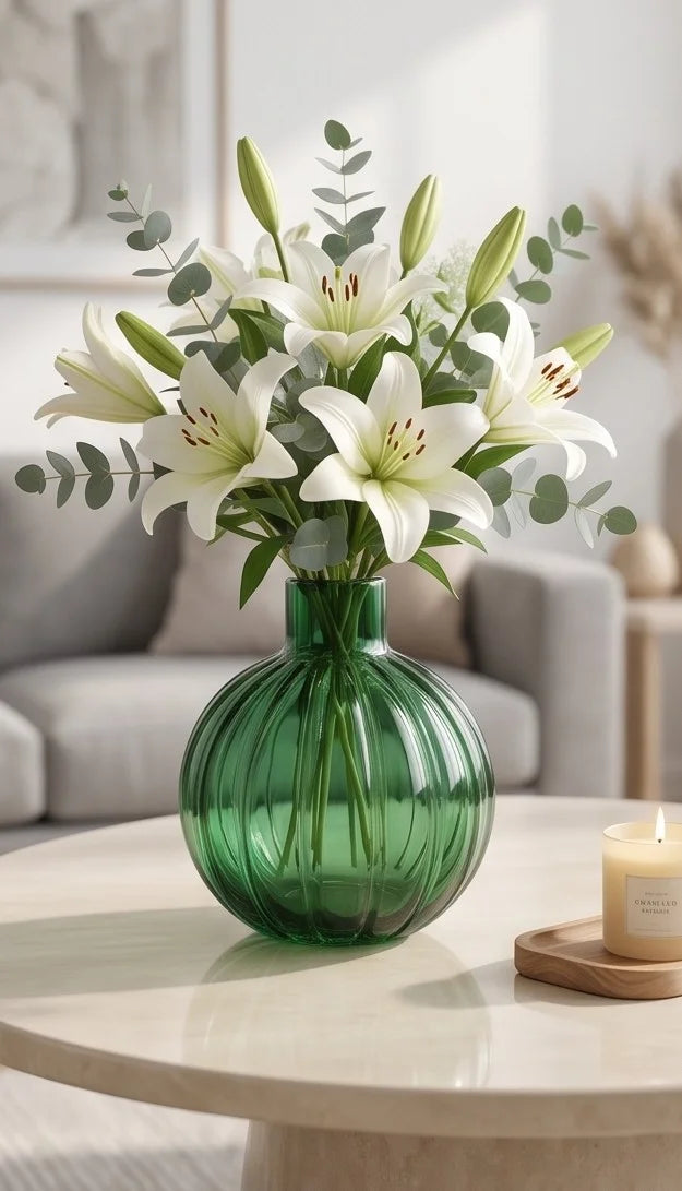 Pumpkin Globe Ribbed Glass Vase — Hand-Blown Glass from Firozabad, India — Tabletop View