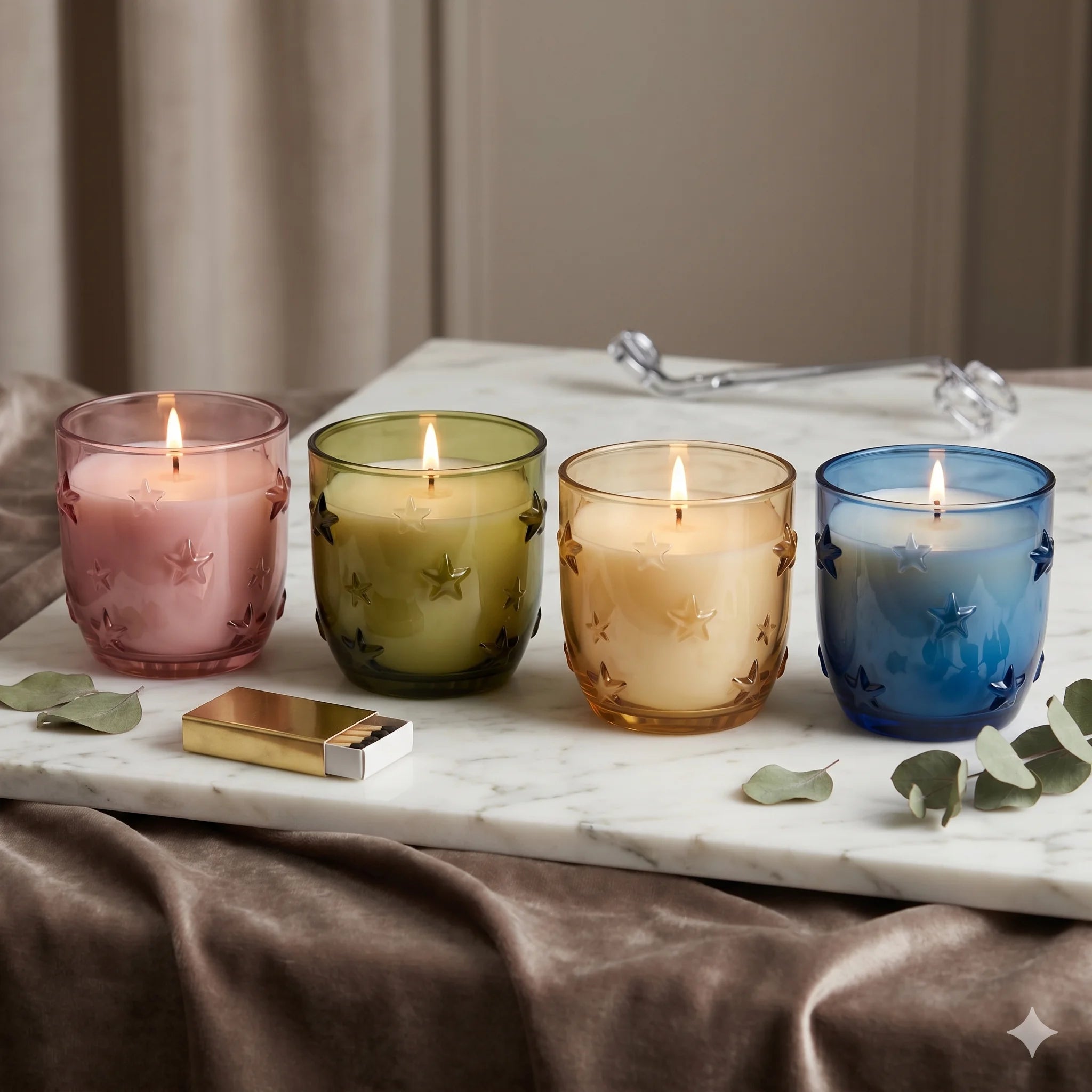 Rose Star Embossed Glass Soy Wax Candle | Romantic Gift — Hand-Blown Glass from Firozabad, India — Side Angle View