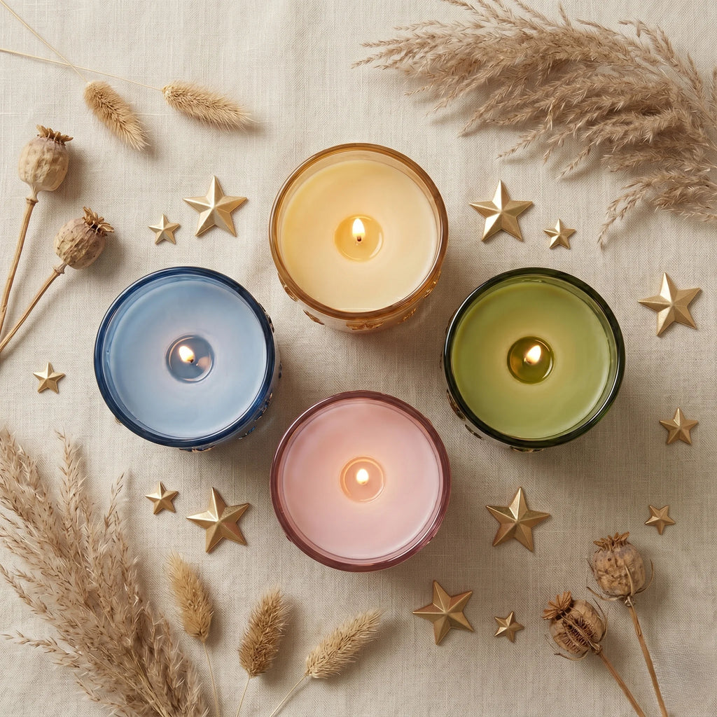 Rose Star Embossed Glass Soy Wax Candle | Romantic Gift — Hand-Blown Glass from Firozabad, India — Styled for Home Décor