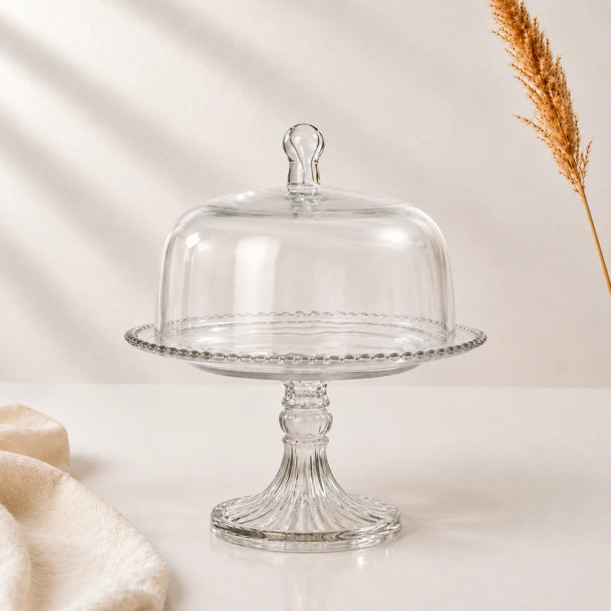 Beaded Rim Glass Cake Dome with Crystal Stand | Castle Crafts