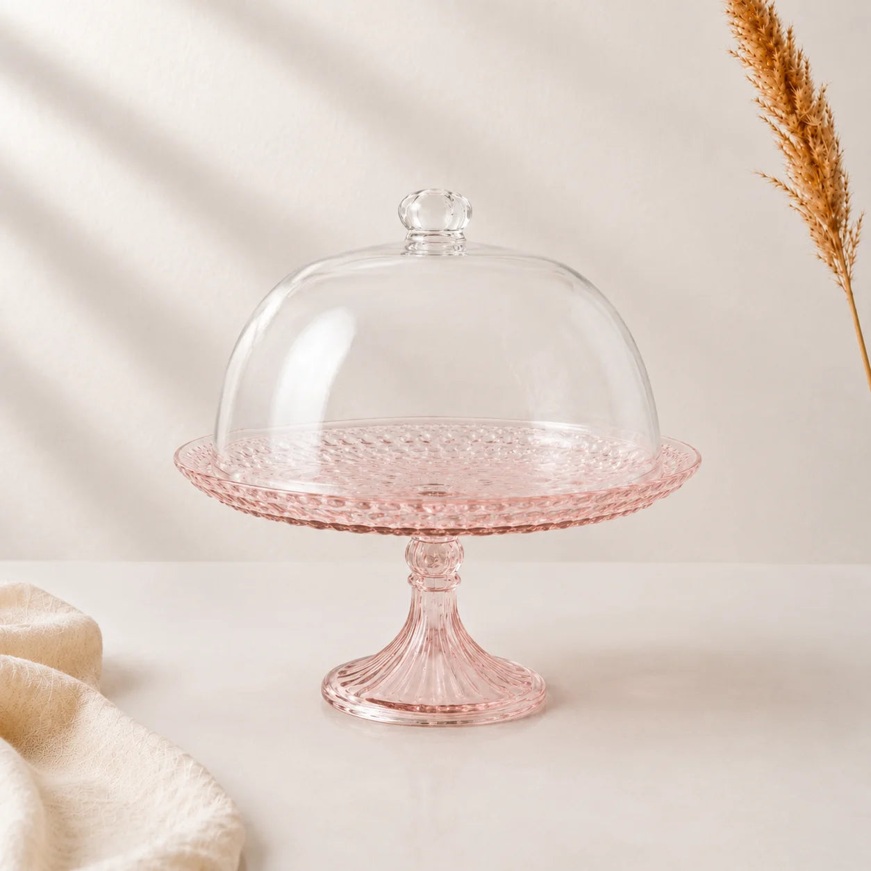 Pink Hobnail Glass Cake Dome with Crystal Knob & Blush Pedestal Stand | Luxury — Castle Crafts