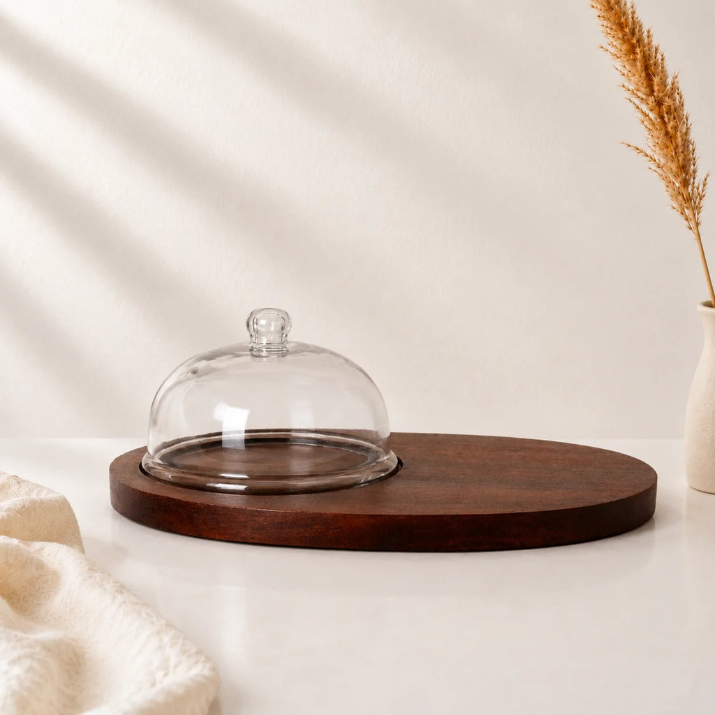 Glass Dome with Round Knob & Dark Walnut Oval Wood Board | Minimalist Luxury — Castle Crafts