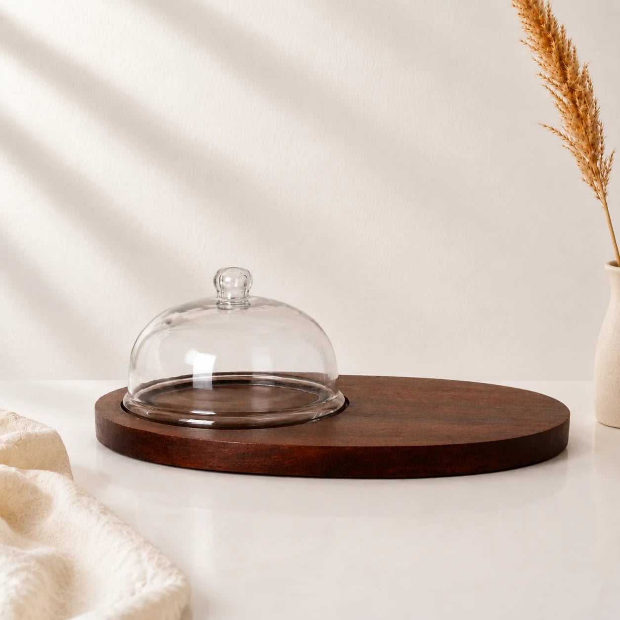 Glass Dome with Round Knob & Dark Walnut Oval Wood Board | Minimalist Luxury — Castle Crafts