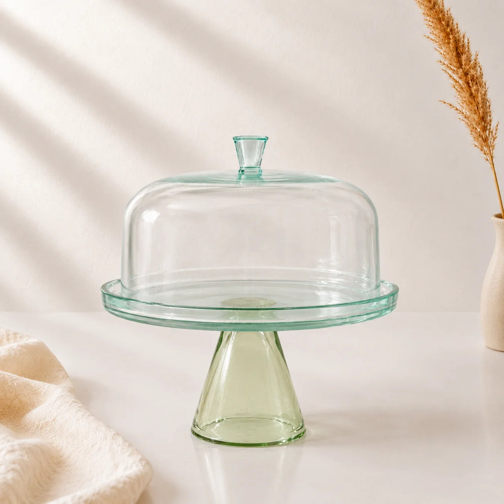 Sage Green Tinted Glass Cake Dome with Conical Pedestal | Modern Luxury — Castle Crafts