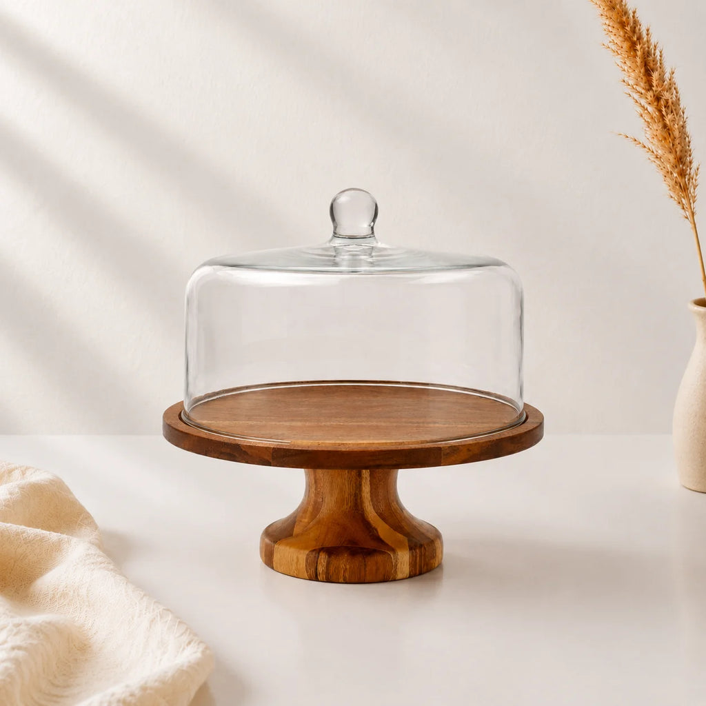 Hand-Blown Glass Dome with Natural Acacia Wood Pedestal Stand | Gifting — Castle Crafts