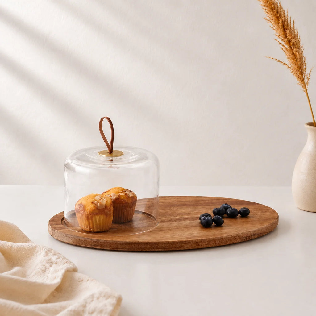 Mini Glass Dome with Leather Handle & Oval Acacia Serving Board | Gifting — Castle Crafts