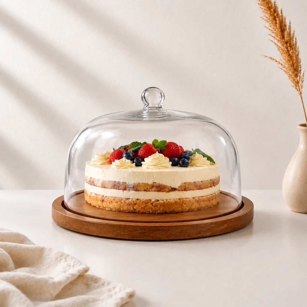 Wide Glass Cake Dome with Round Acacia Wood Board | Cake Display & Gifting — Castle Crafts