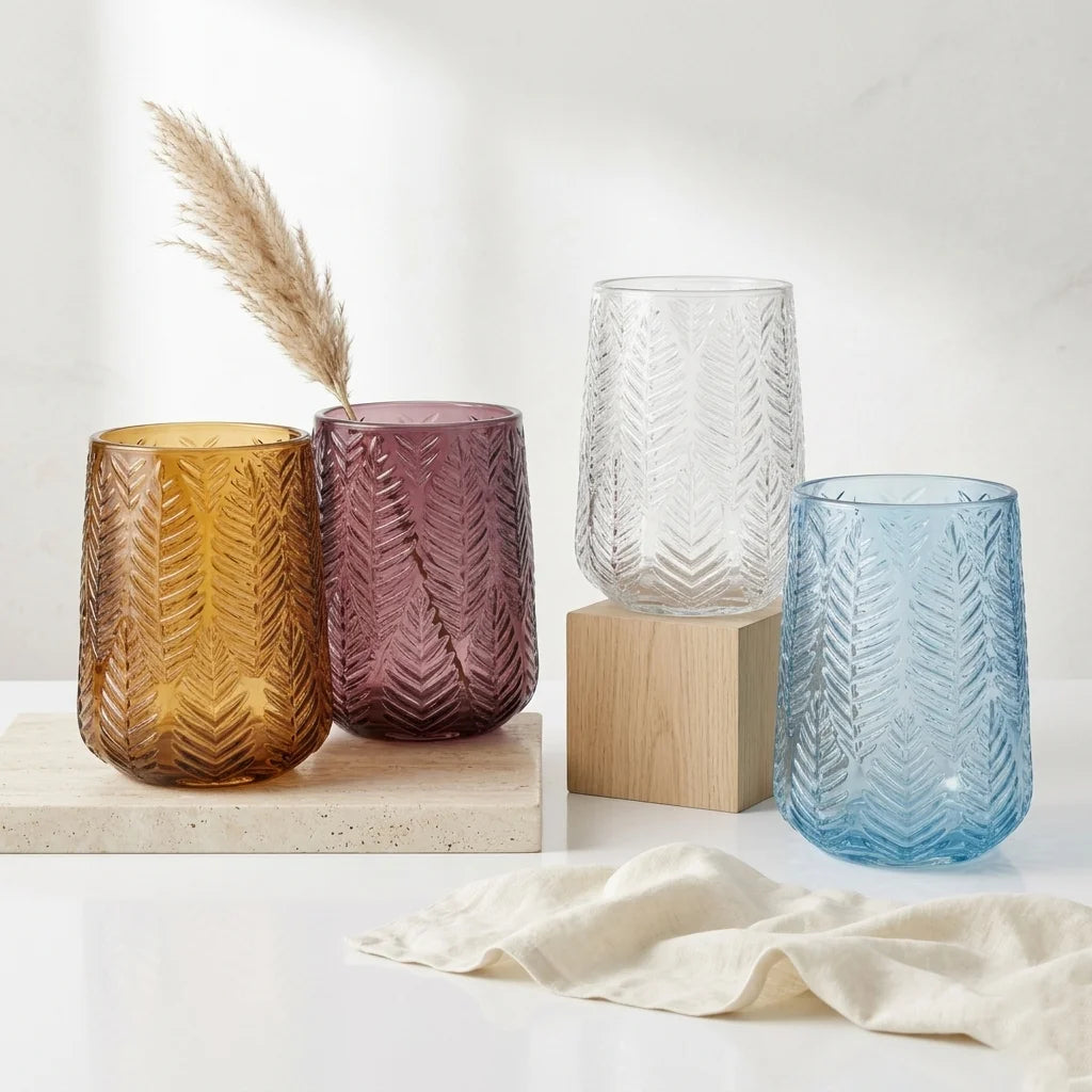 Feather Whisper Embossed Glass Vase — Hand-Blown Glass from Firozabad, India | Floral Arrangements & Home Styling