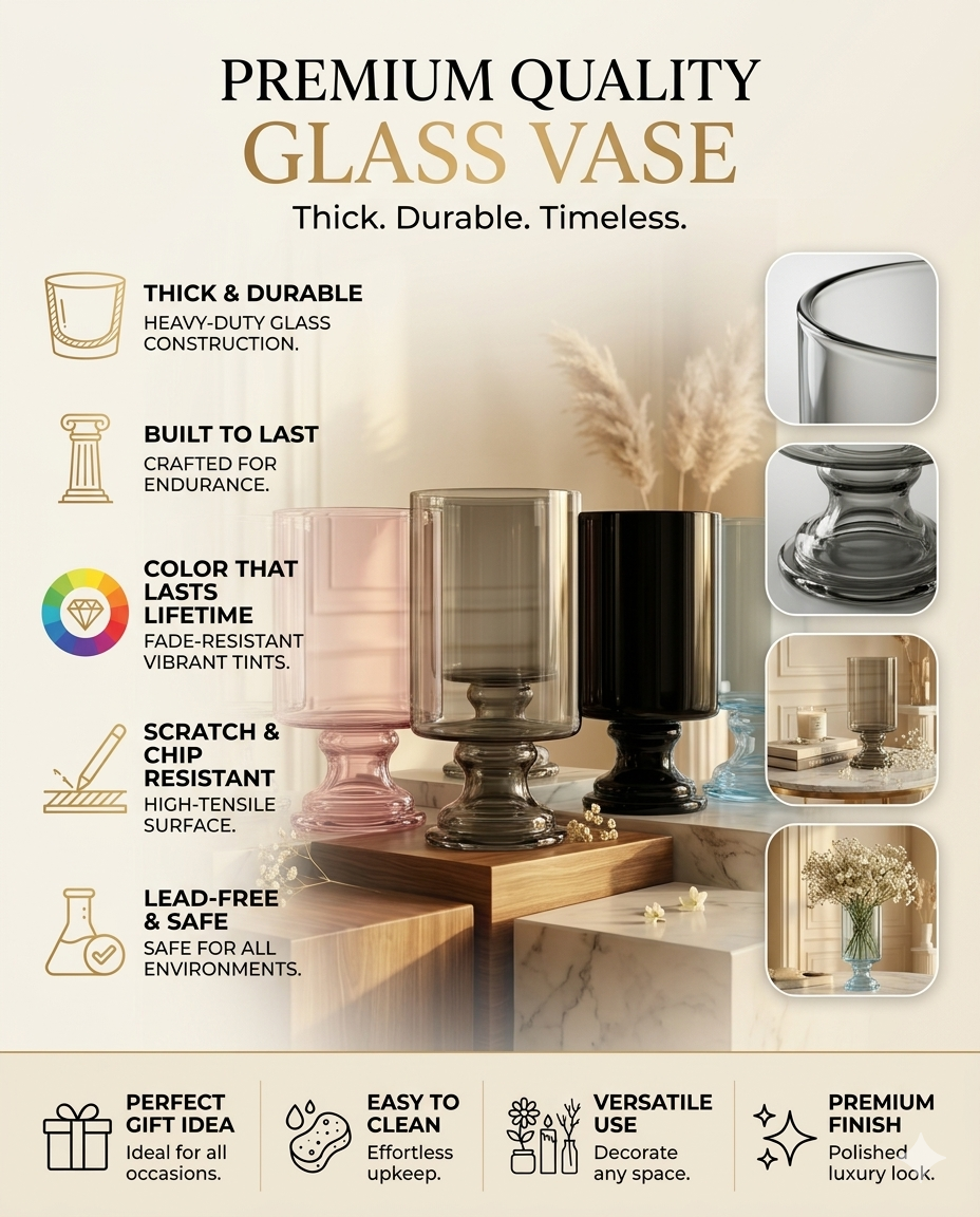 Royal Goblet Pedestal Glass Vase — Hand-Blown Glass from Firozabad, India — Side Angle View