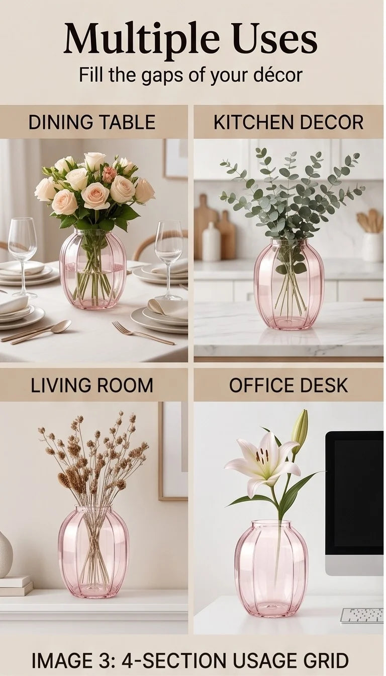 Bloom Rib Wide Glass Vase — Hand-Blown Glass from Firozabad, India — Multi-Angle Showcase