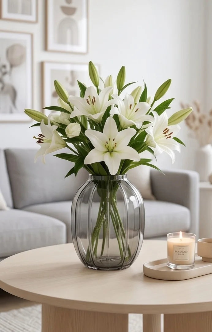 Bloom Rib Wide Glass Vase — Hand-Blown Glass from Firozabad, India — Tabletop View