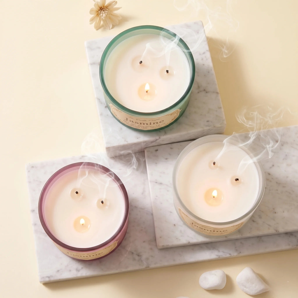 Jasmine 3-Wick Signature Glass Jar Candle | Large Luxury — Hand-Blown Glass from Firozabad, India — Side Angle View