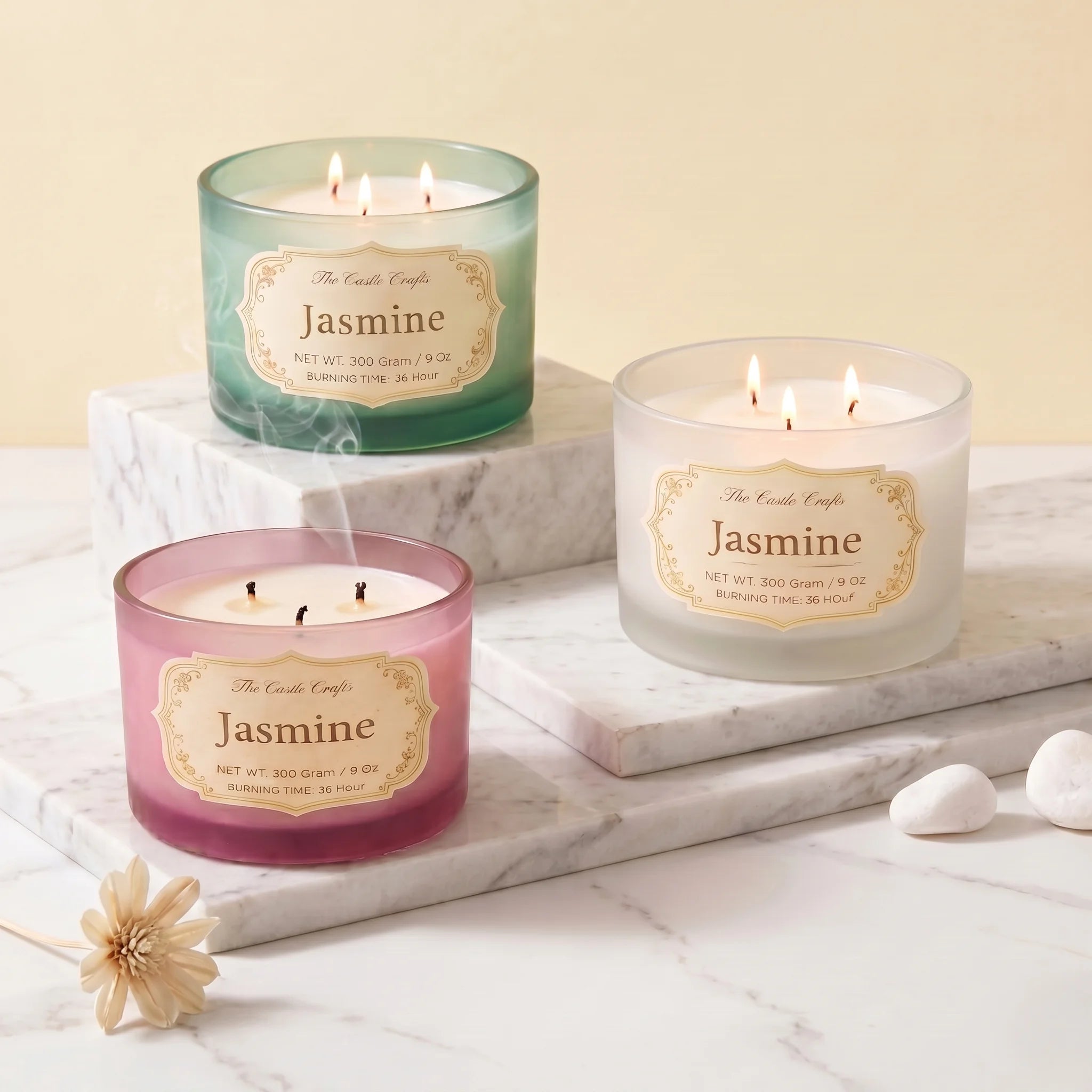 Jasmine 3-Wick Signature Glass Jar Candle | Large Luxury — Hand-Blown Glass from Firozabad, India — Styled for Home Décor