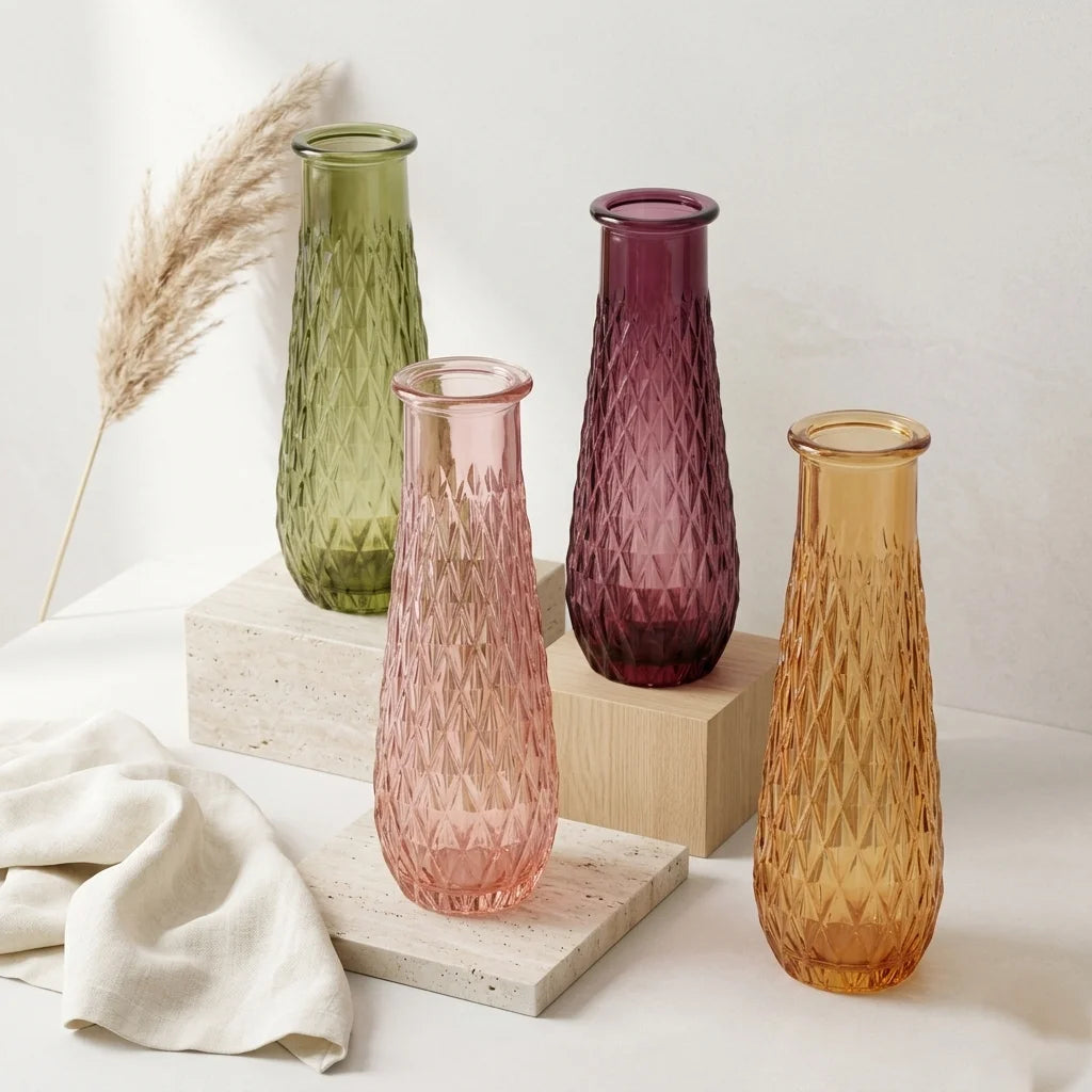 Diamond Lattice Slim Glass Vase — Hand-Blown Glass from Firozabad, India — Side Angle View