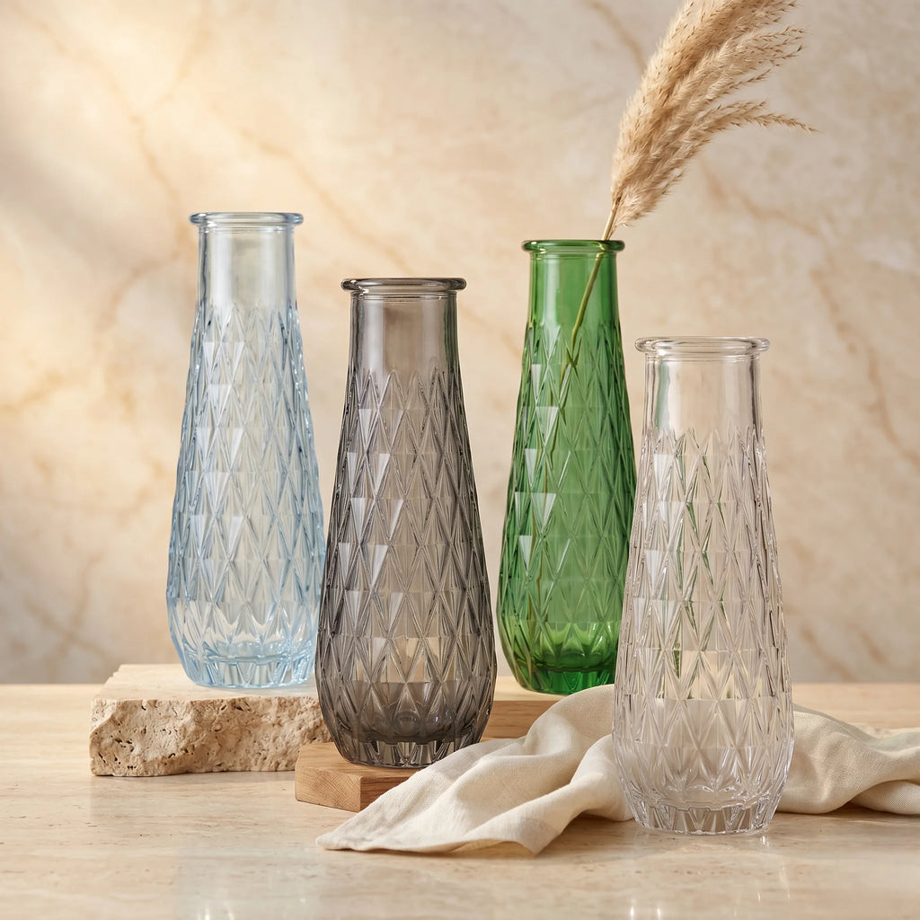 Glacier Lattice Slim Glass Vase — Hand-Blown Glass from Firozabad, India — Styled for Home Décor