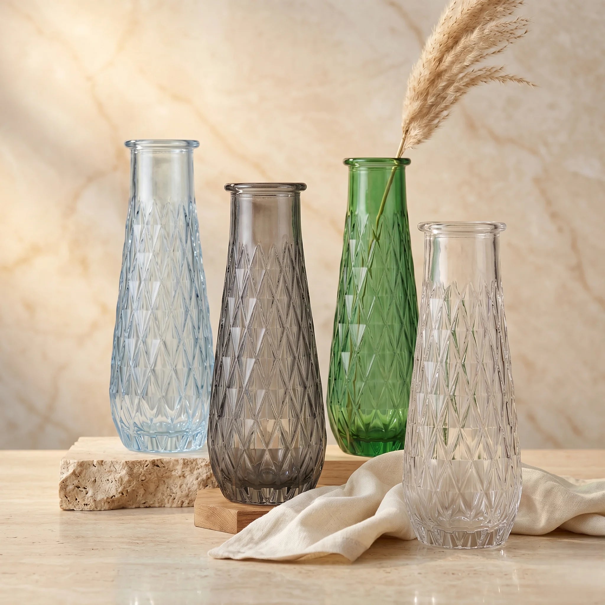 Glacier Lattice Slim Glass Vase — Hand-Blown Glass from Firozabad, India — Styled for Home Décor
