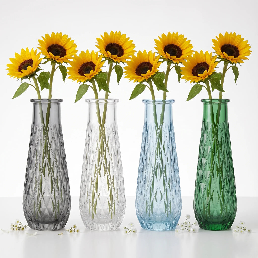 Glacier Lattice Slim Glass Vase — Hand-Blown Glass from Firozabad, India — Side Angle View