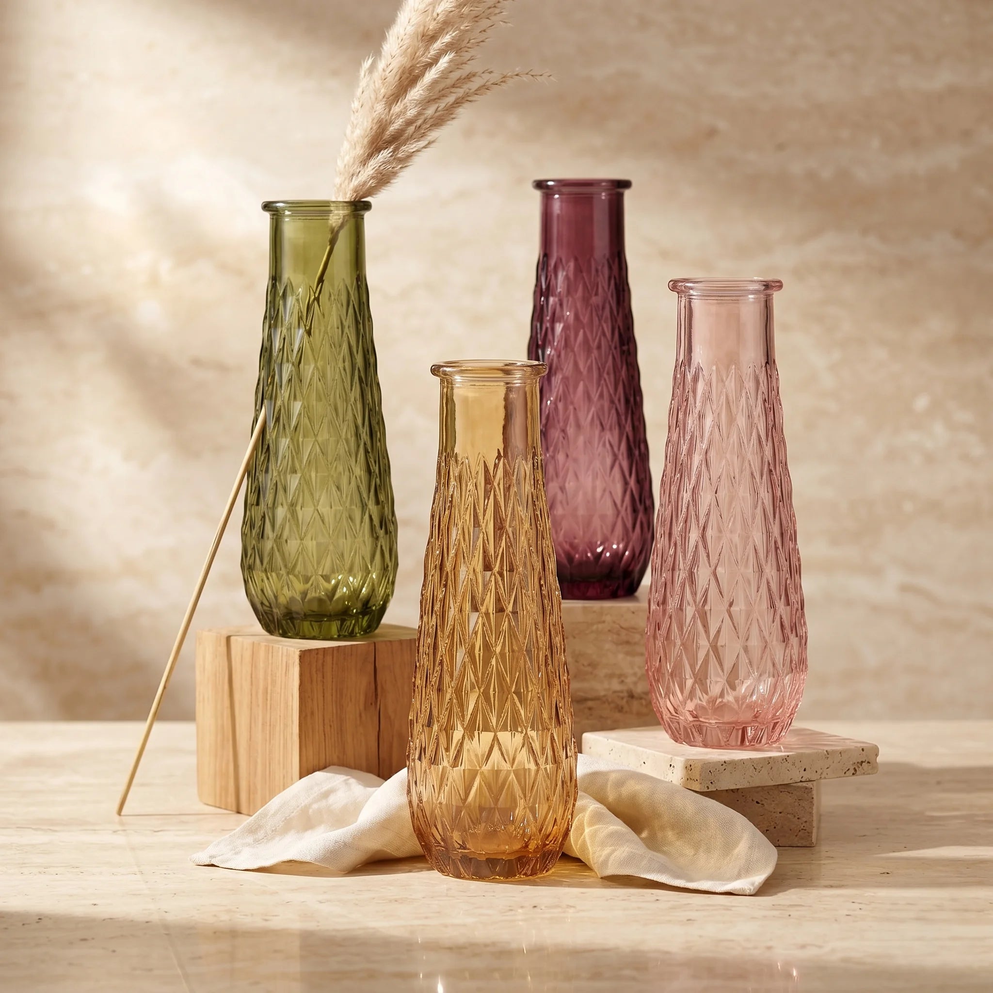 Diamond Lattice Slim Glass Vase — Hand-Blown Glass from Firozabad, India — Styled for Home Décor