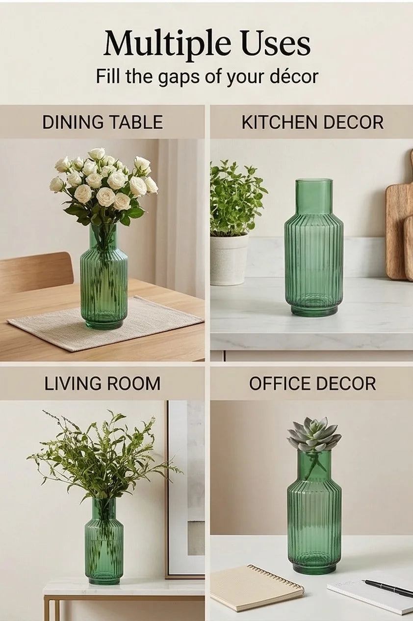 Grand Carafe Ribbed Glass Vase — Hand-Blown Glass from Firozabad, India — Handcrafted Finish