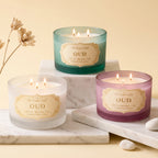 Oud 3-Wick Signature Glass Jar Candle | Large Luxury — Hand-Blown Glass from Firozabad, India — Styled for Home Décor