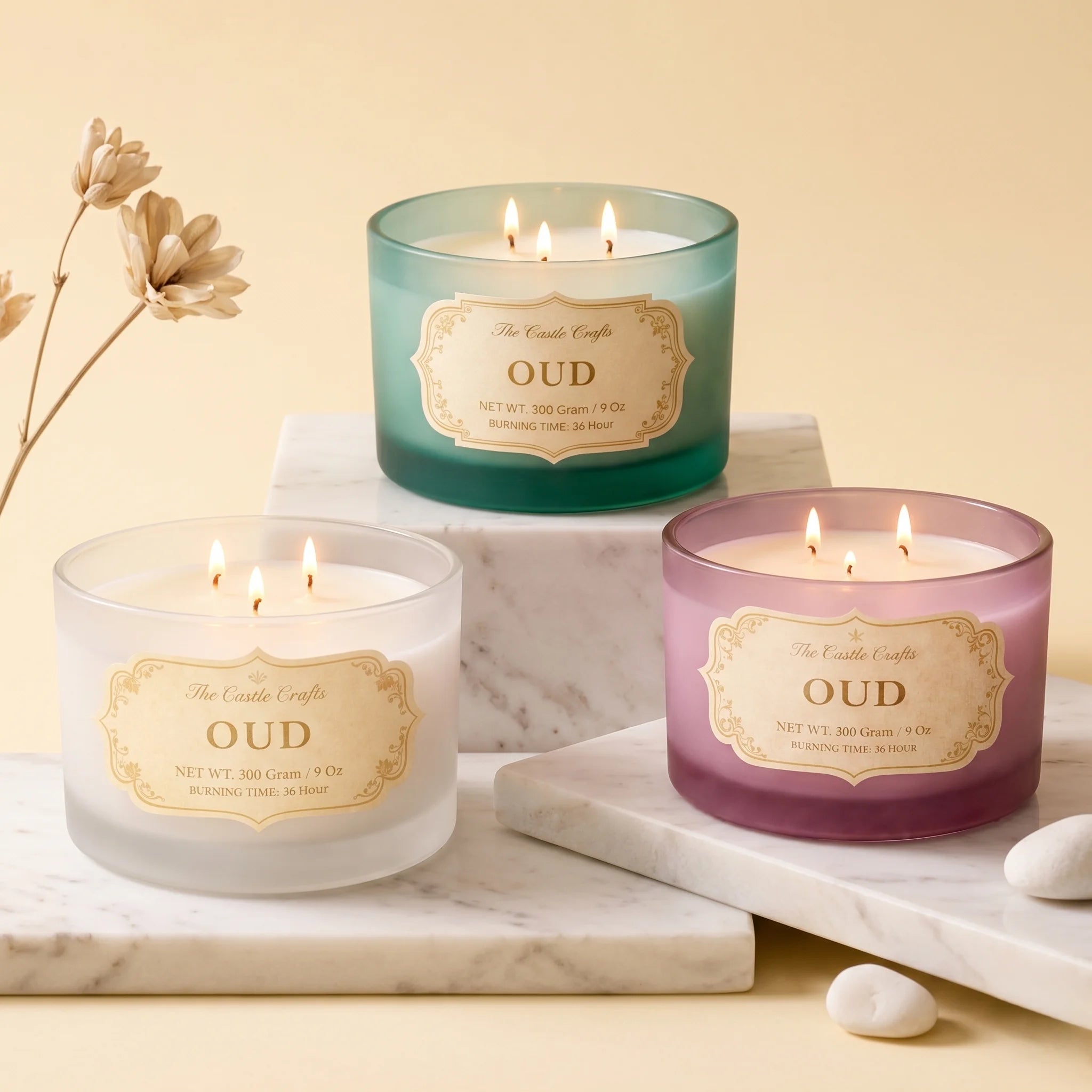 Oud 3-Wick Signature Glass Jar Candle | Large Luxury — Hand-Blown Glass from Firozabad, India — Styled for Home Décor
