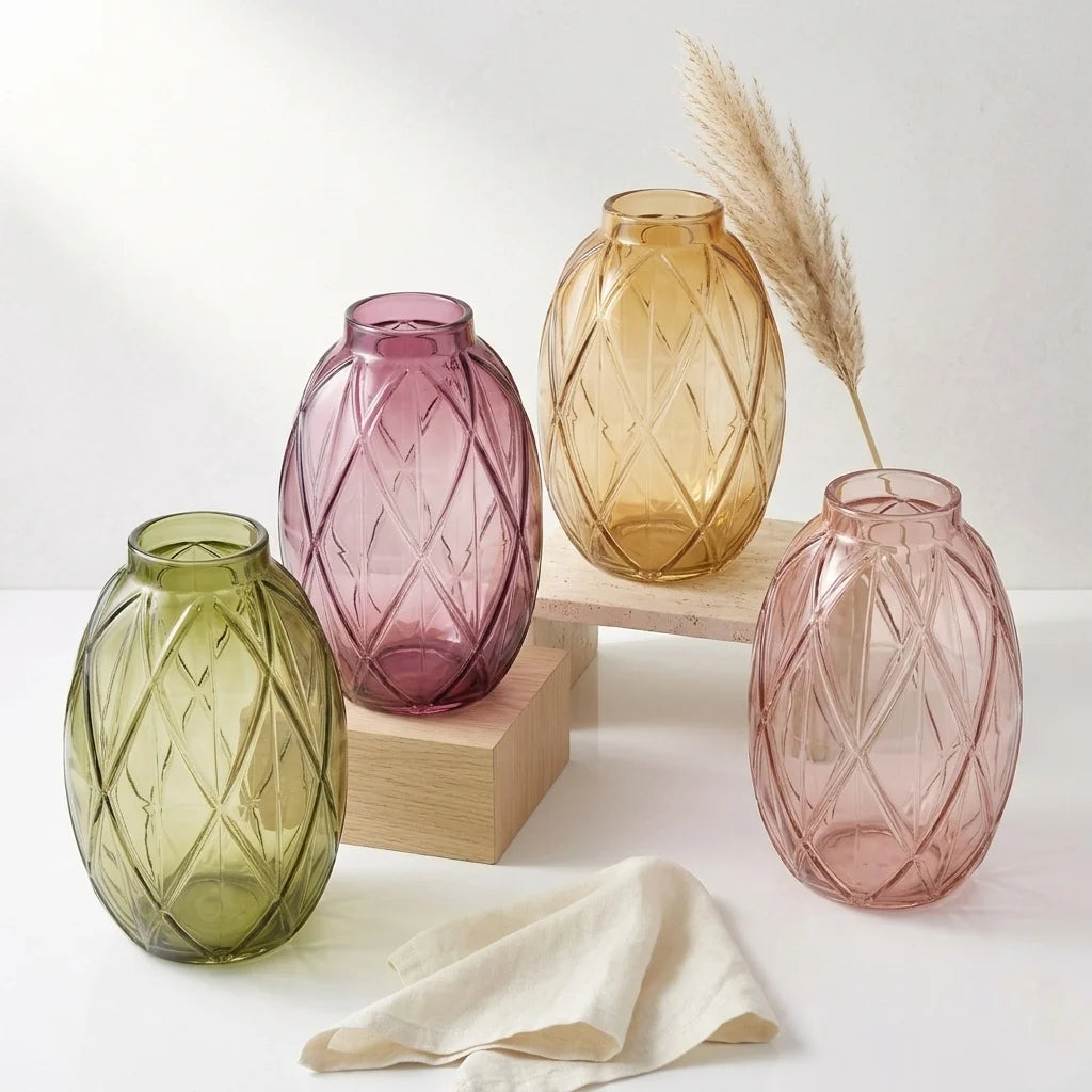 Harlequin Oval Embossed Glass Vase — Hand-Blown Glass from Firozabad, India | Floral Arrangements & Home Styling