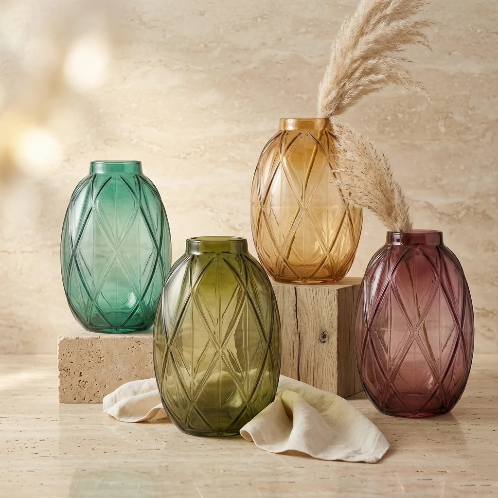 Argyle Oval Embossed Glass Vase — Hand-Blown Glass from Firozabad, India | Floral Arrangements & Home Styling