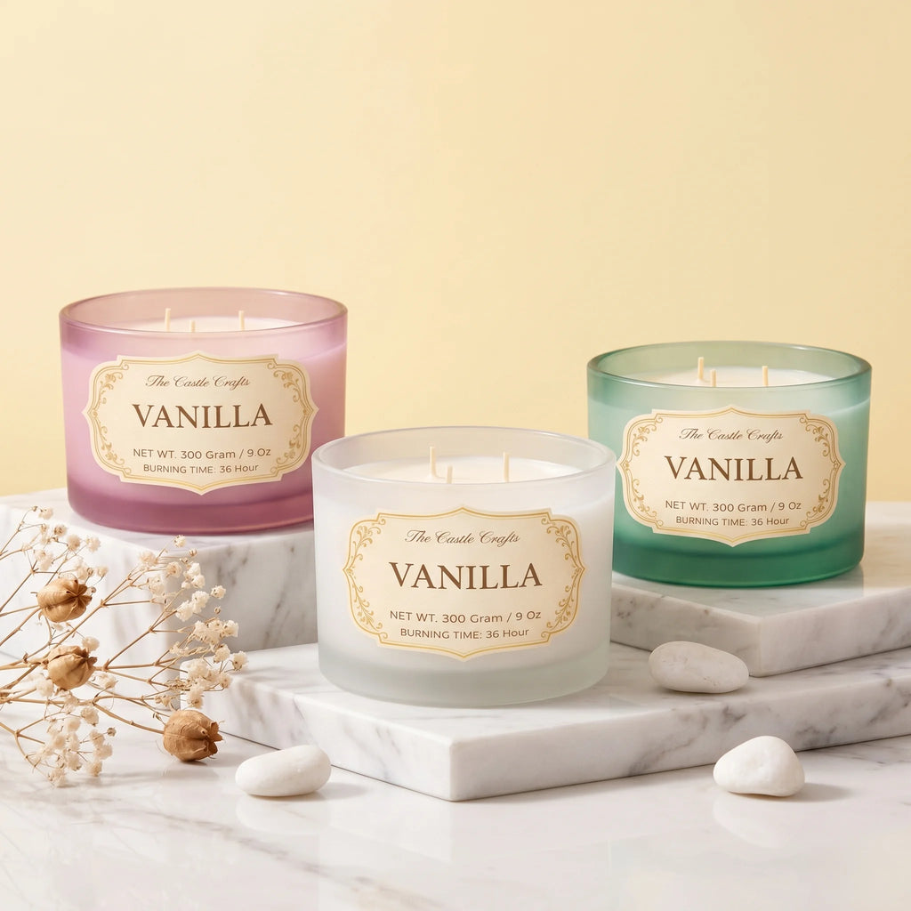 Vanilla 3-Wick Signature Glass Jar Candle | Large Luxury — Hand-Blown Glass from Firozabad, India — Lifestyle Setting