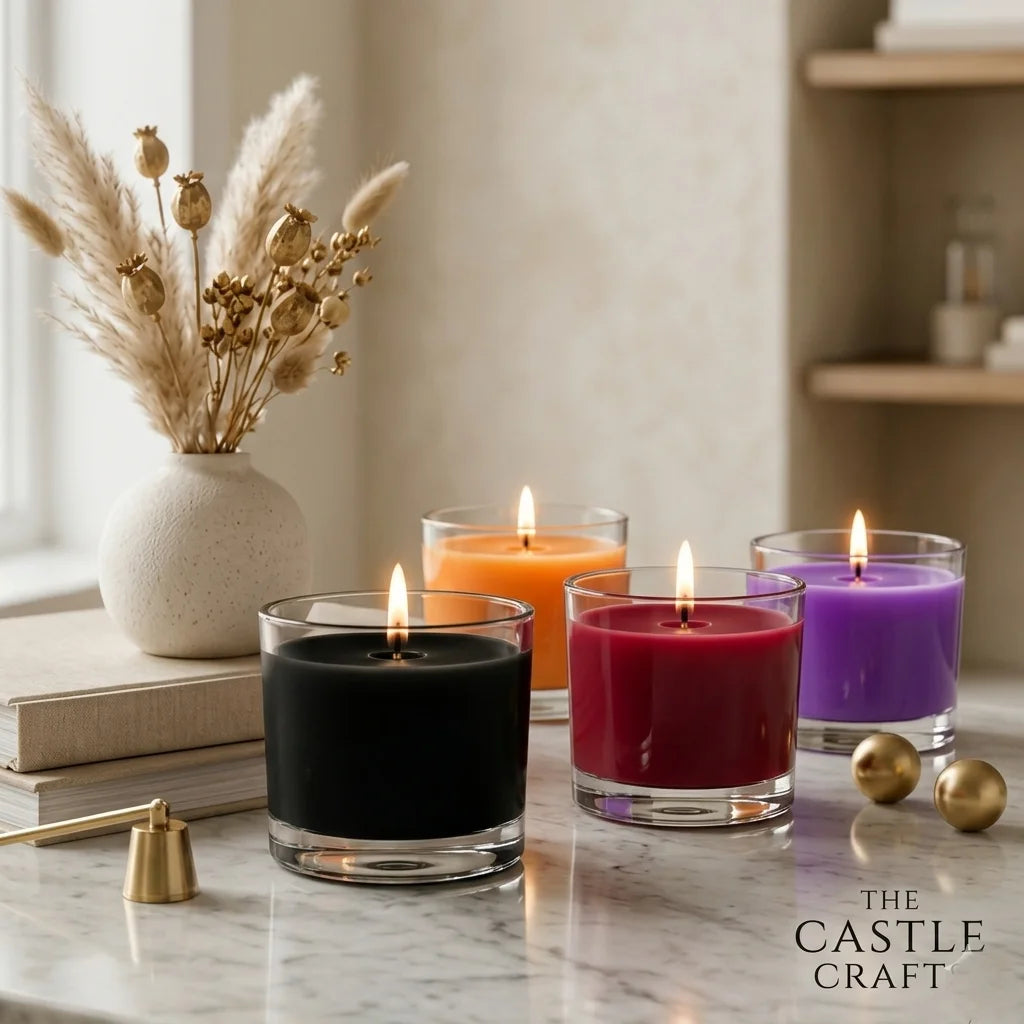 Large Wide Bowl Coloured Wax Candle | Clear Glass | 55Hr Burn | 4 Dark Shades — Castle Crafts
