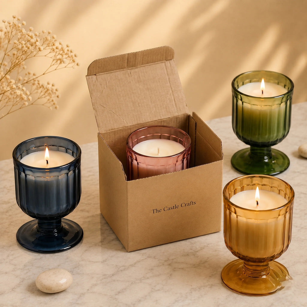 Sandalwood Goblet Glass Soy Wax Candle | Luxury Home Décor — Hand-Blown Glass from Firozabad, India — Side Angle View