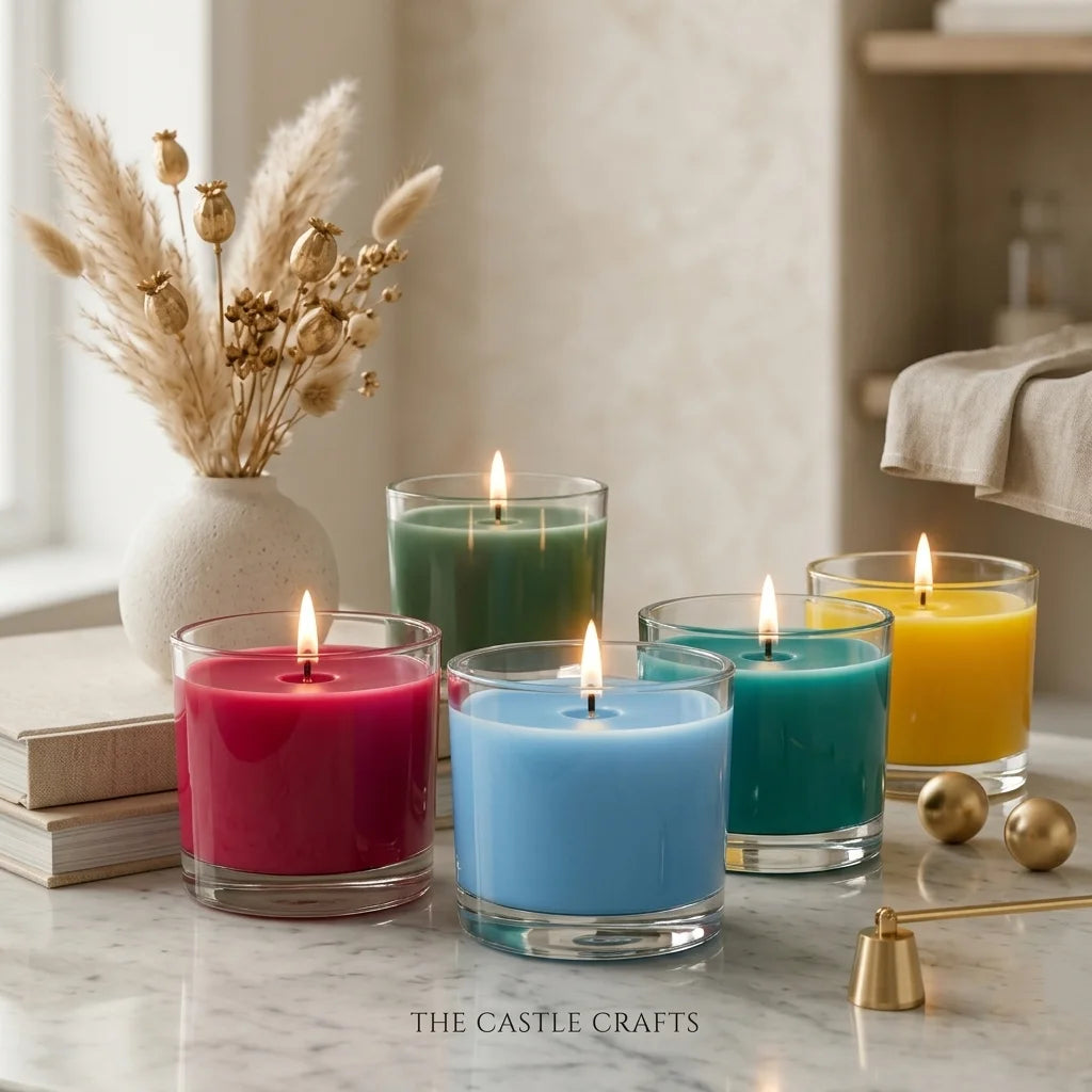 Large Wide Bowl Coloured Wax Candle | Clear Glass | 55Hr Burn | 5 Fresh Shades — Castle Crafts