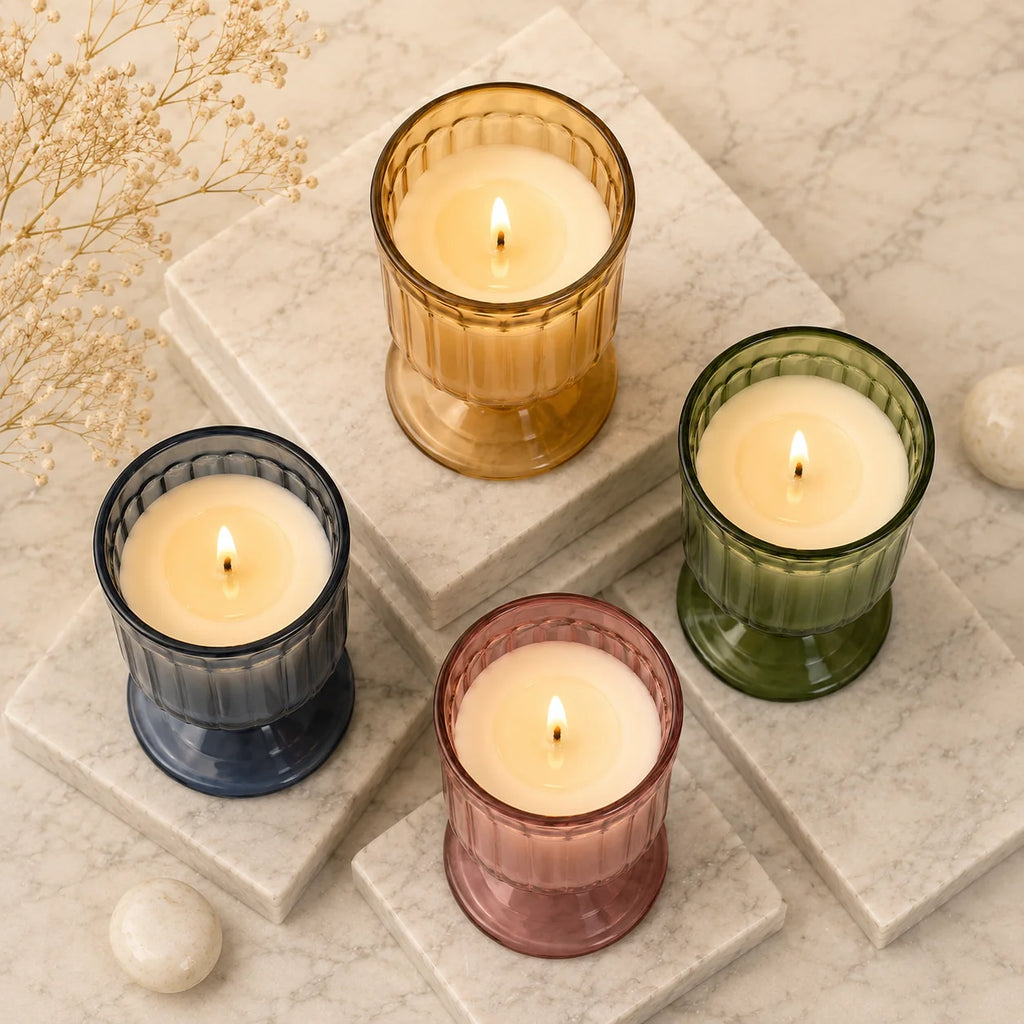 Sandalwood Goblet Glass Soy Wax Candle | Luxury Home Décor — Hand-Blown Glass from Firozabad, India — Styled for Home Décor