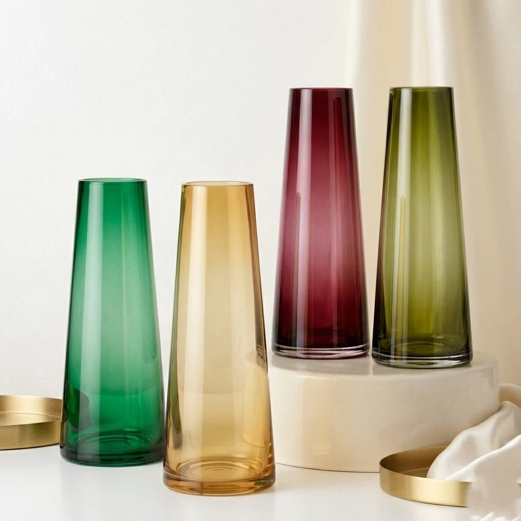Tapering Cone Tall Glass Vase — Hand-Blown Glass from Firozabad, India — Side Angle View