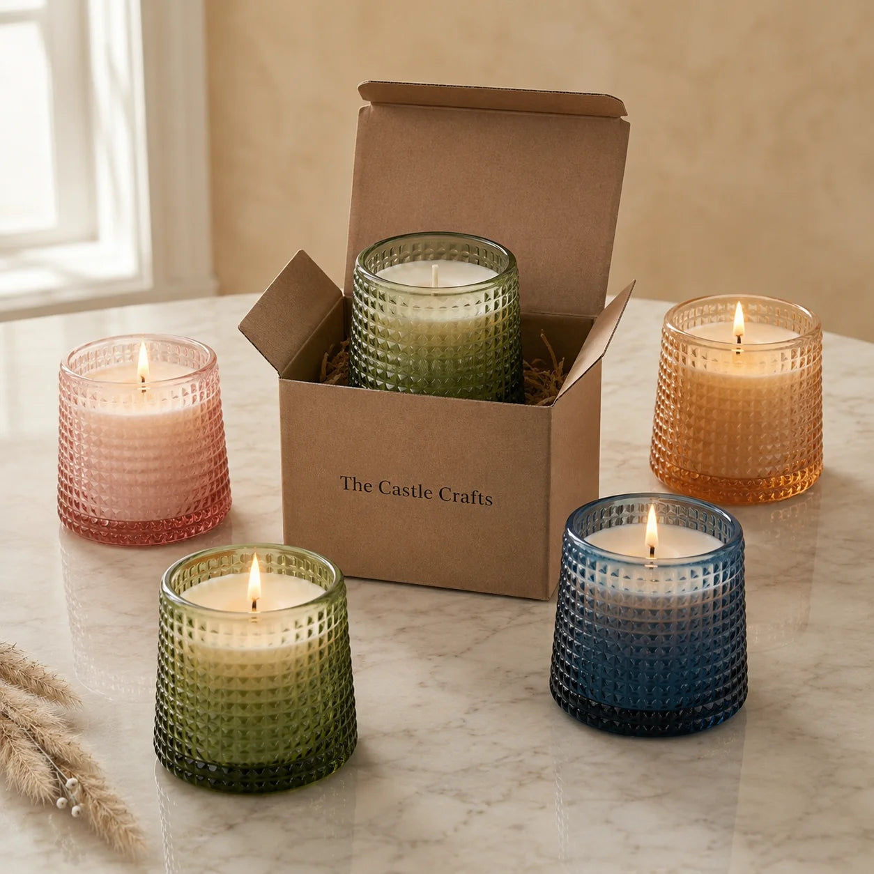Rose Diamond Cut Glass Soy Wax Candle | Home Décor & Gift — Hand-Blown Glass from Firozabad, India — Side Angle View