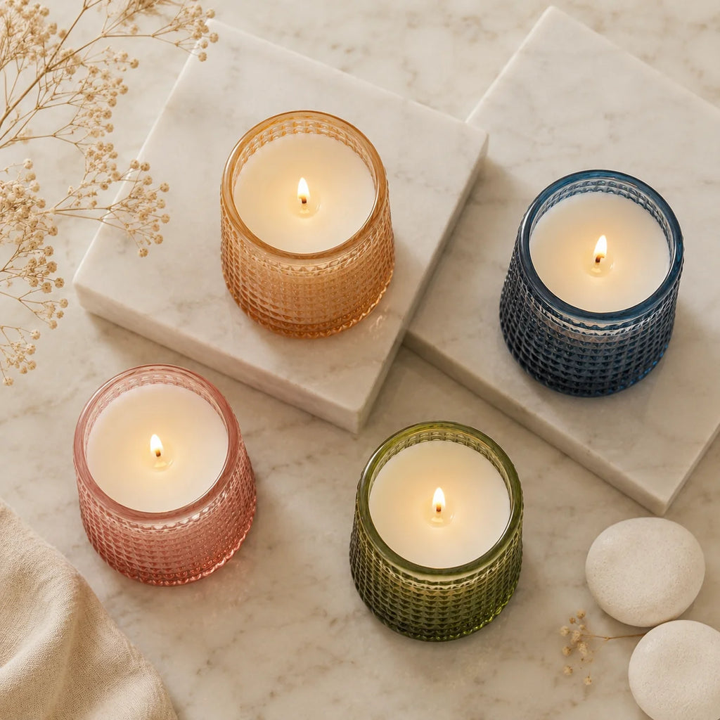 Rose Diamond Cut Glass Soy Wax Candle | Home Décor & Gift — Hand-Blown Glass from Firozabad, India — Styled for Home Décor