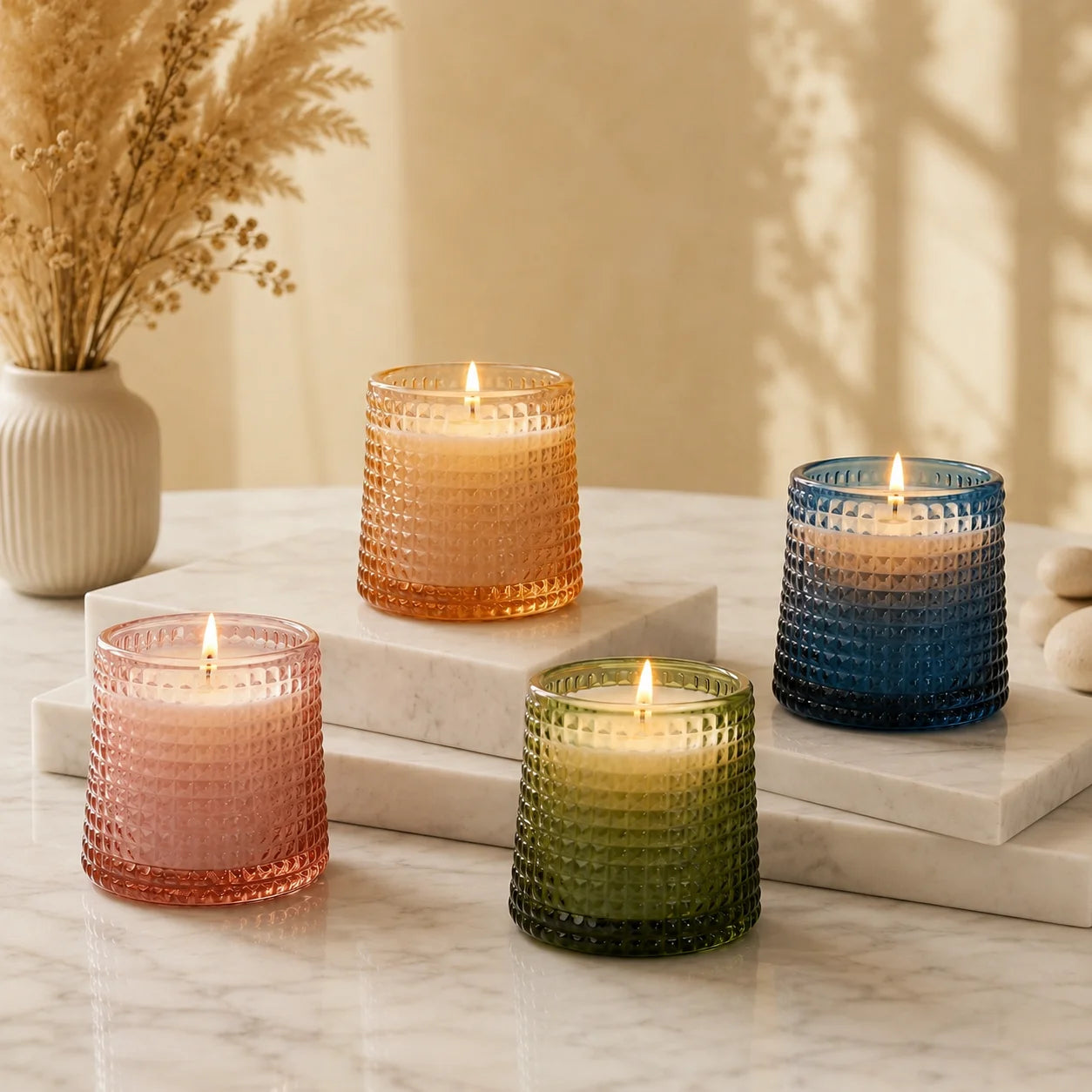 Rose Diamond Cut Glass Soy Wax Candle | Home Décor & Gift — Hand-Blown Glass from Firozabad, India — Lifestyle Setting