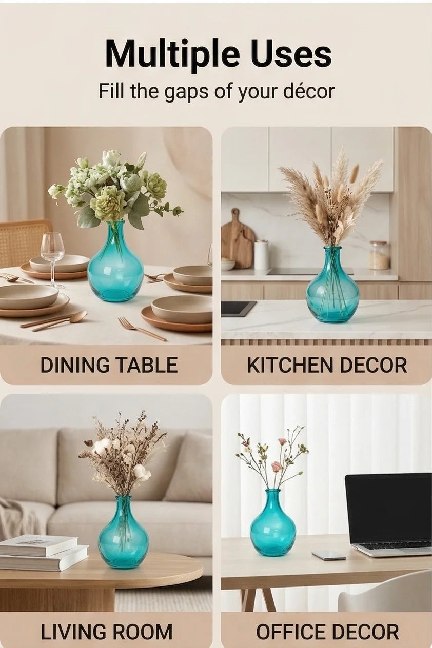 Artisan Droplet Neck Glass Vase — Hand-Blown Glass from Firozabad, India — In a Living Space