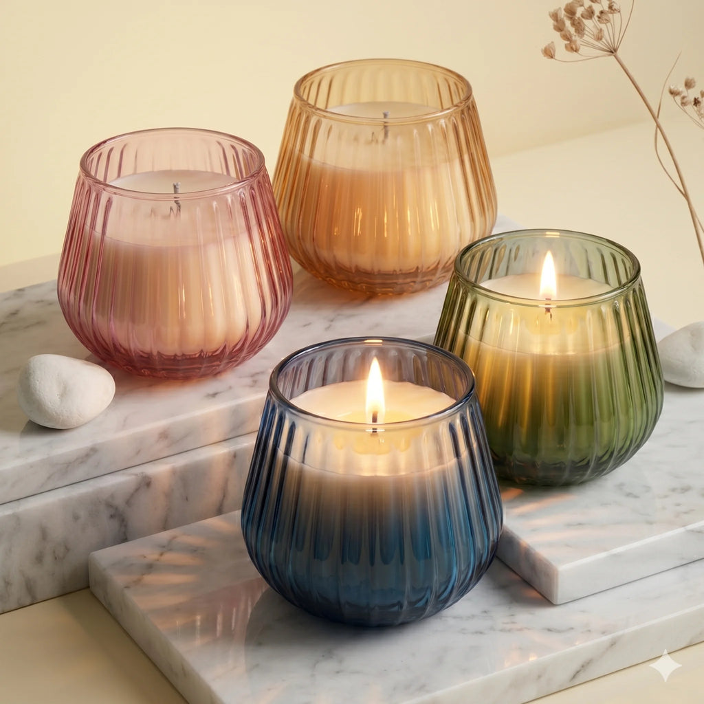 White Oud Barrel Ribbed Glass Soy Wax Candle | Premium Gift — Hand-Blown Glass from Firozabad, India — Side Angle View