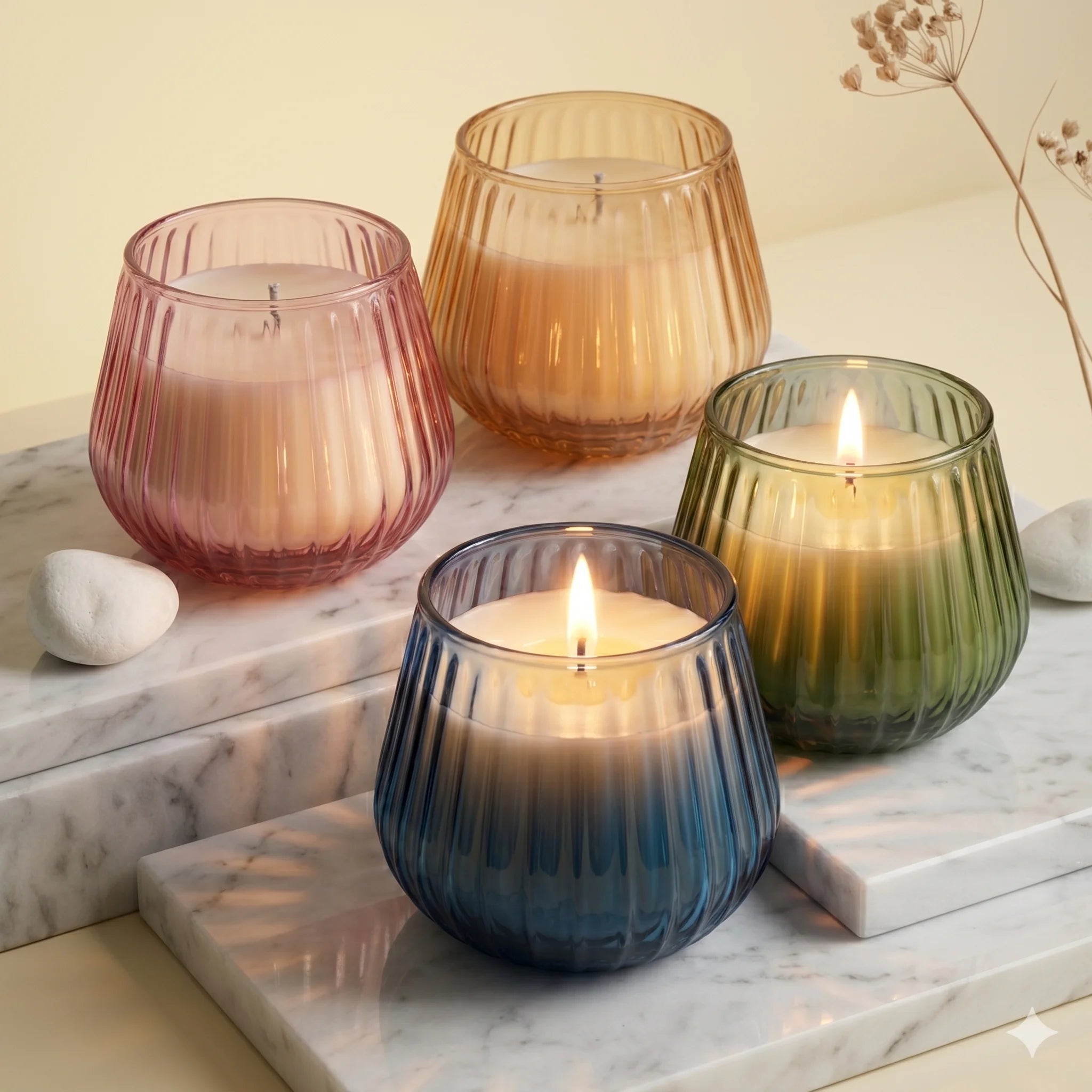 White Oud Barrel Ribbed Glass Soy Wax Candle | Premium Gift — Hand-Blown Glass from Firozabad, India — Side Angle View