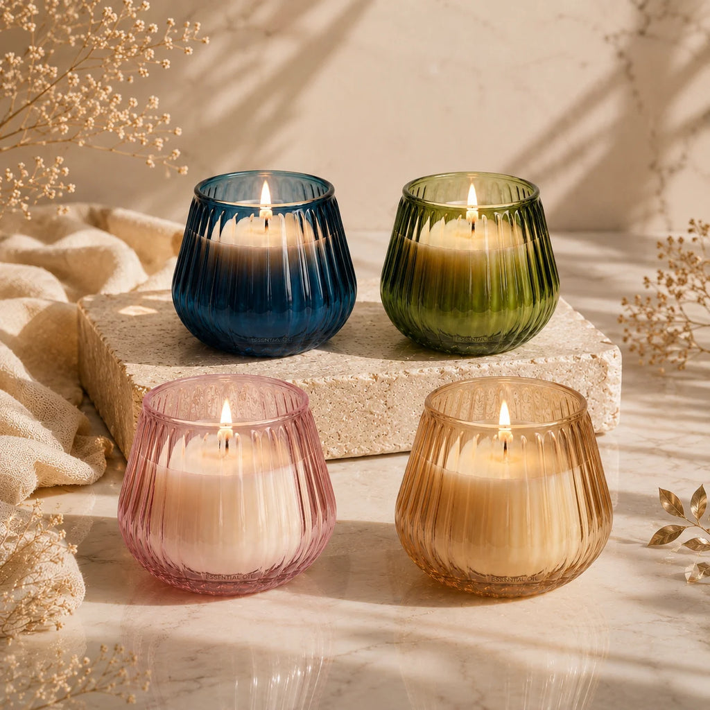 White Oud Barrel Ribbed Glass Soy Wax Candle | Premium Gift — Hand-Blown Glass from Firozabad, India — Styled for Home Décor