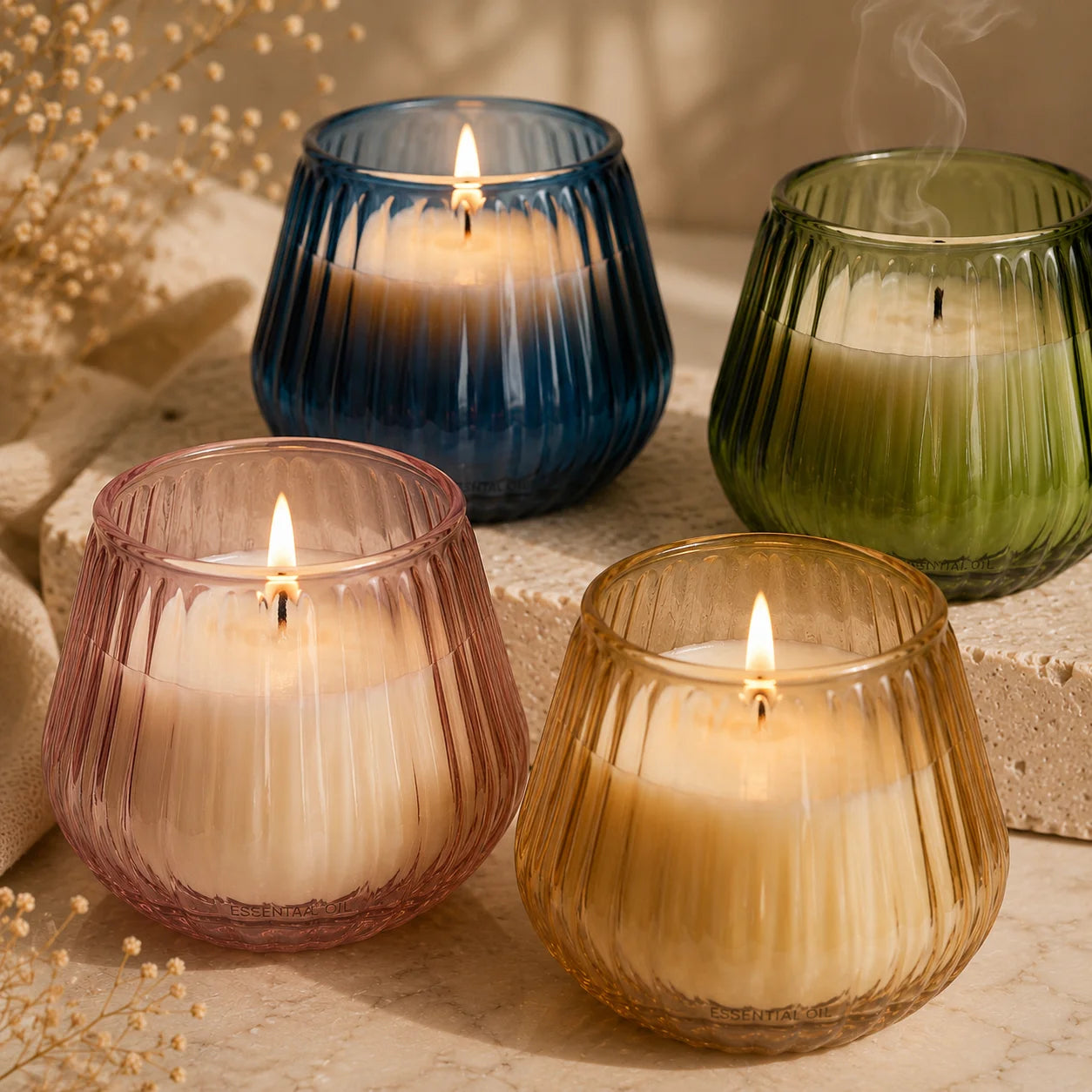 White Oud Barrel Ribbed Glass Soy Wax Candle | Premium Gift — Hand-Blown Glass from Firozabad, India — Lifestyle Setting