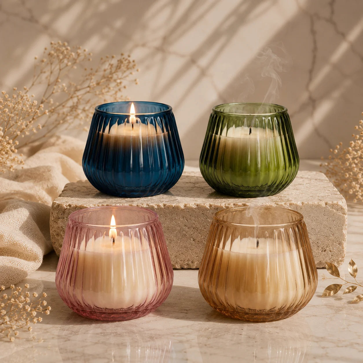 White Oud Barrel Ribbed Glass Soy Wax Candle | Premium Gift — Hand-Blown Glass from Firozabad, India — Texture & Craftsman...