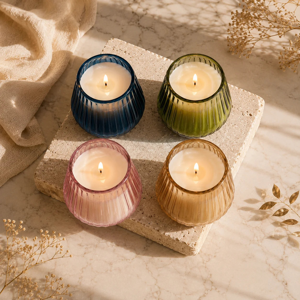 White Oud Barrel Ribbed Glass Soy Wax Candle | Premium Gift — Hand-Blown Glass from Firozabad, India — Colour Variant