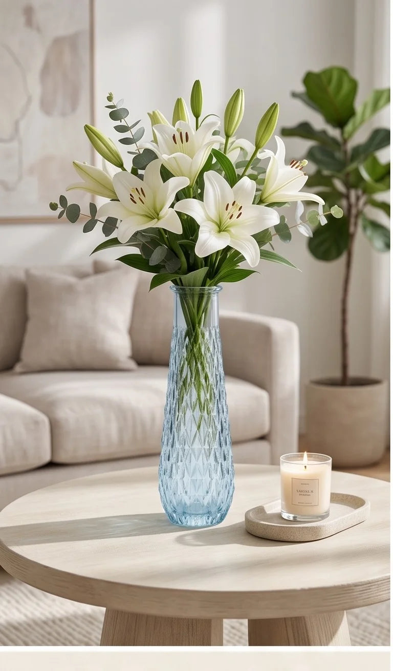 Glacier Lattice Slim Glass Vase — Hand-Blown Glass from Firozabad, India — Lifestyle Setting