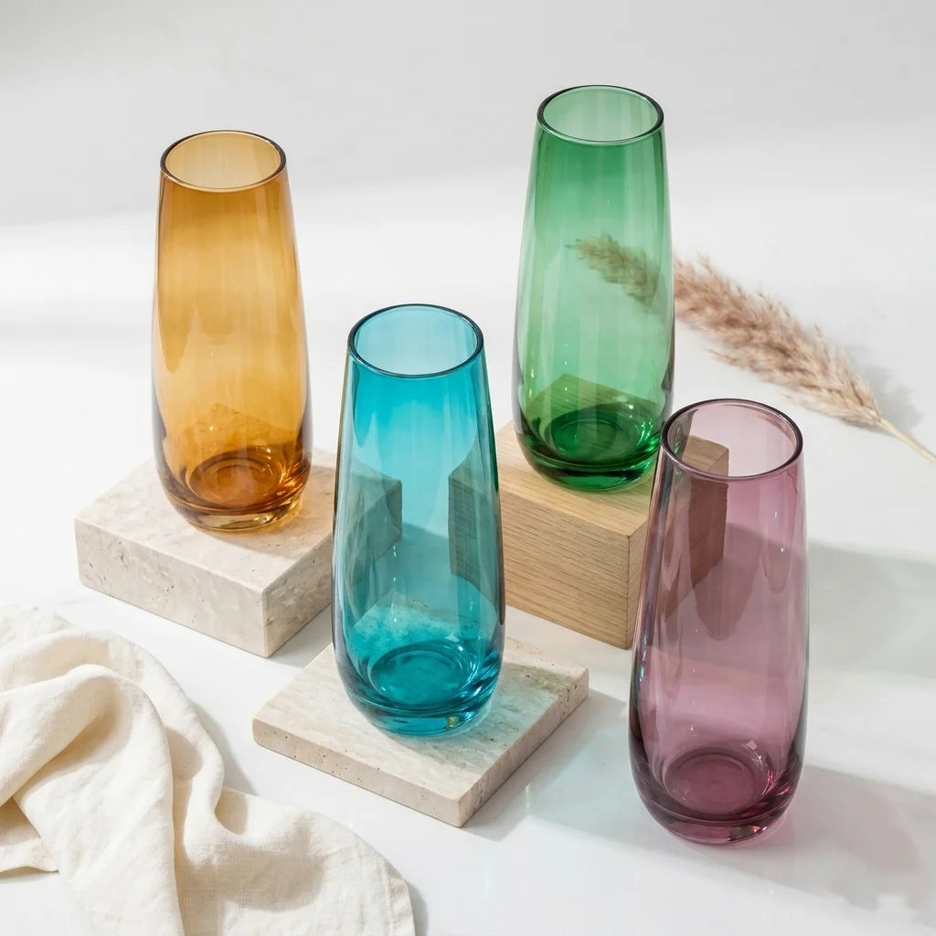 Jewel Taper Slim Glass Vase — Hand-Blown Glass from Firozabad, India — Side Angle View