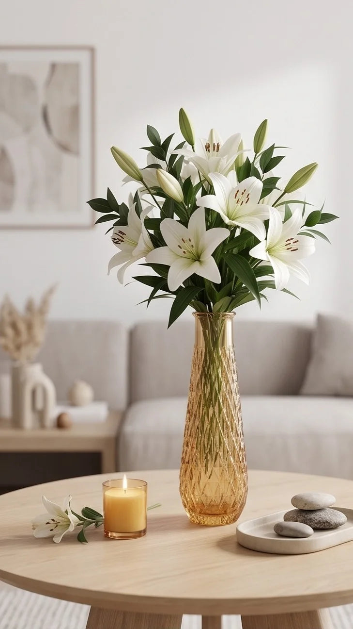 Diamond Lattice Slim Glass Vase — Hand-Blown Glass from Firozabad, India — Lifestyle Setting