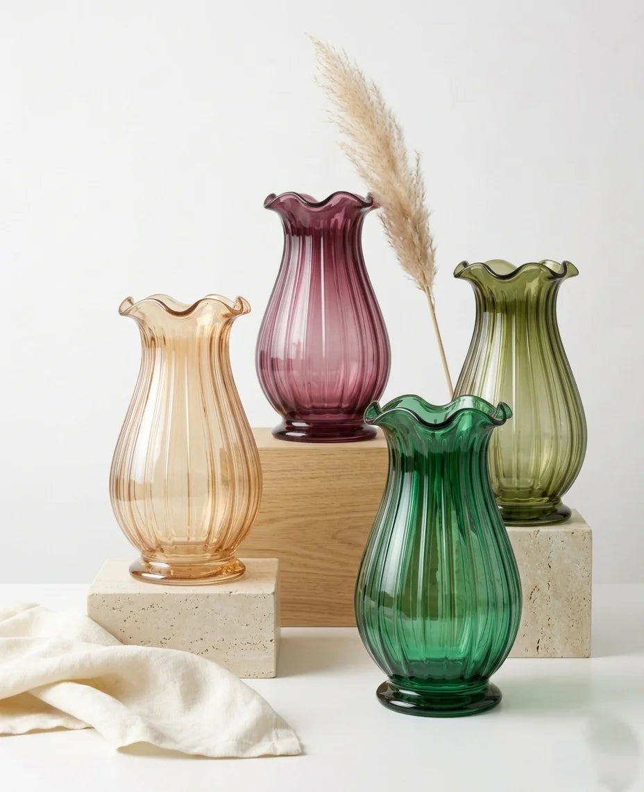 Jewel Ruffle Ribbed Glass Vase — Hand-Blown Glass from Firozabad, India | Floral Arrangements & Home Styling
