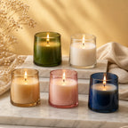 Sandalwood Classic Cylinder Glass Soy Wax Candle | 5 Colours — Hand-Blown Glass from Firozabad, India — Side Angle View