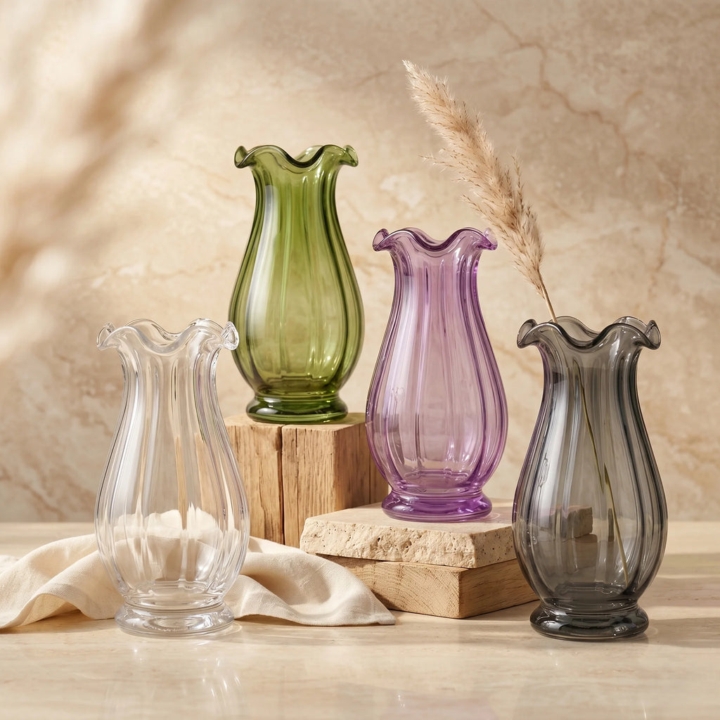 Garden Tulip Ruffle Glass Vase — Hand-Blown Glass from Firozabad, India — Styled for Home Décor
